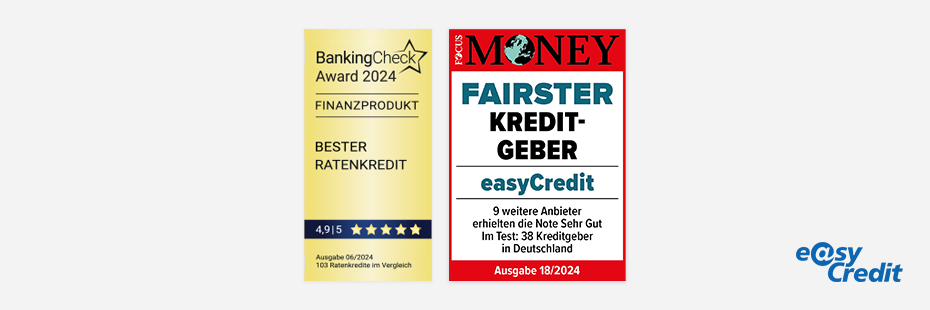 BankingCheck Award 2021, 2022 und 2023: easyCredit bester Ratenkredit mit 4,9 von 5 Punkten BankingCheck Award 2021, 2022 und 2023: easyCredit bester Ratenkredit mit 4,9 von 5 Punkten